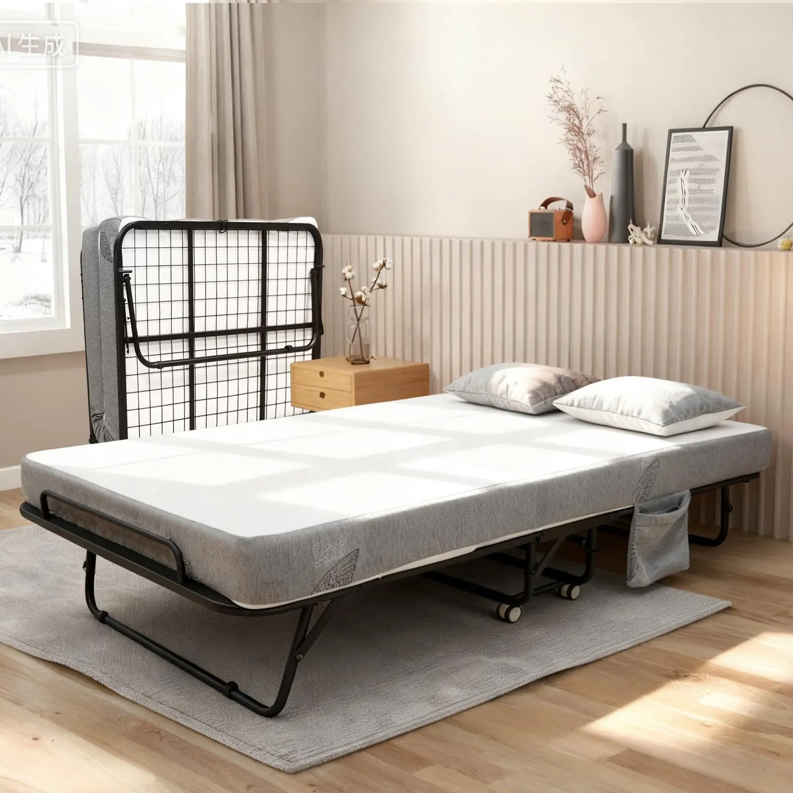 Fold-Up Guest Bed with 10cm Memory Foam Mattress, Durable Metal Frame, Locking Wheels - Space-Saving Multi-Size Indoor Furniture for Guest Bedroom, Home Office Apartment