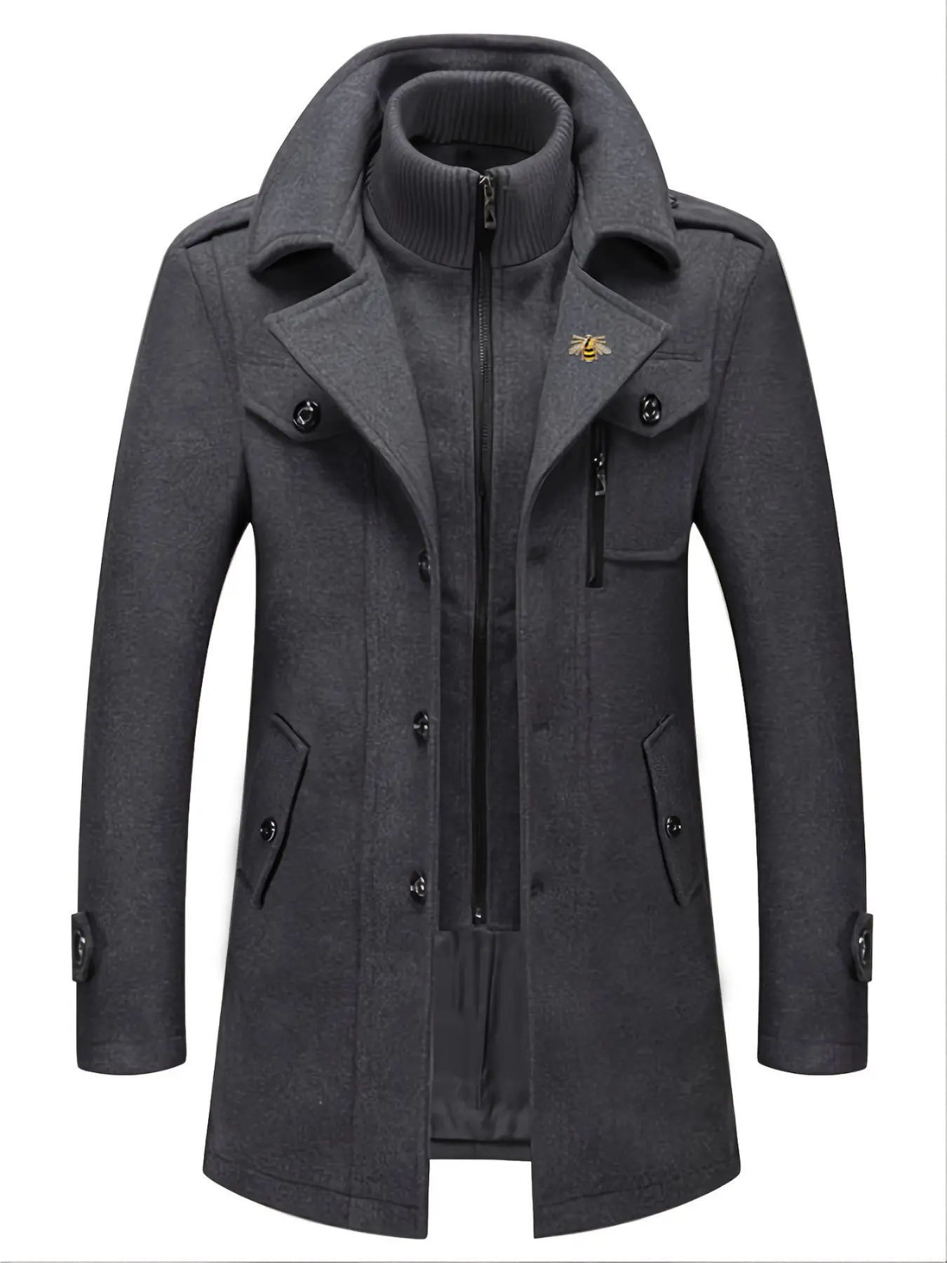 Men's Fashion Double Collar Long Coat, Long Sleeve, Mixed Fiber, Zipper and Pocket, Warm and Durable, Business or Casual, Autumn/winter Outerwear