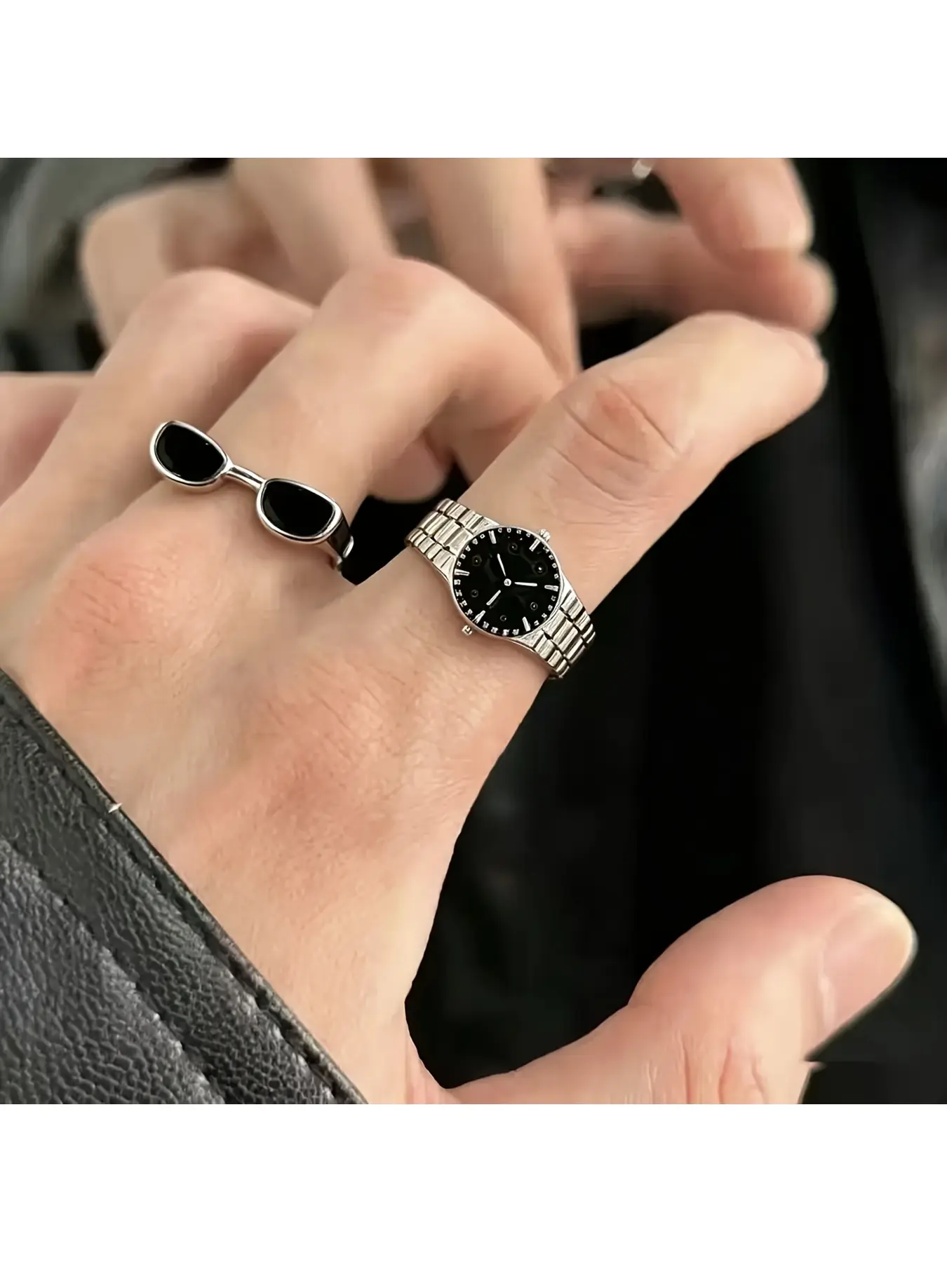 2 Pack Minimalist Ins Style Analog Watch Ring Set Unisex Adjustable Open Ring Fashion Jewelry with Sunglasses Ring for Men Women Daily Wear Trendy Accessories