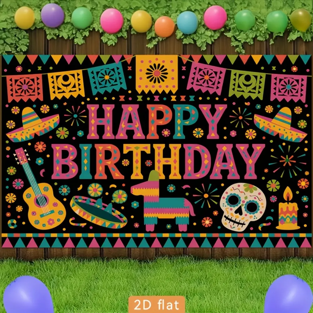 Mexican Fiesta Themed 2D Flat Polyester Photo Background, HD Print Soft Lightweight Foldable Cloth Banner, for Happy Birthday Party Decor & Portrait Photos