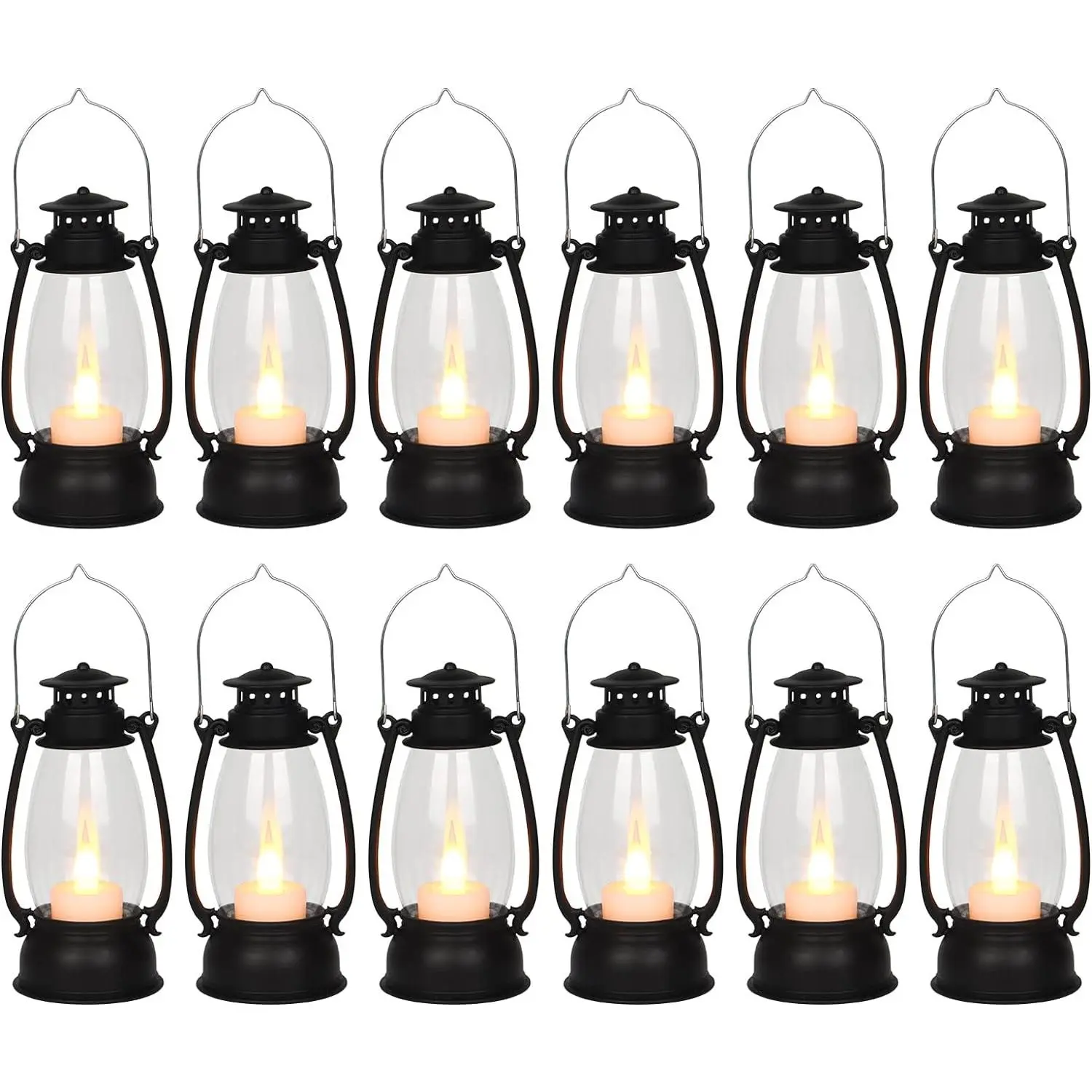 12 count Mini Lantern for Cowboy Halloween Christmas Wedding, Black 6" Candle Lantern with Flickering LED for Camping  Party Decorations, Table Centerpiece,  Lamp Ornaments Bulk