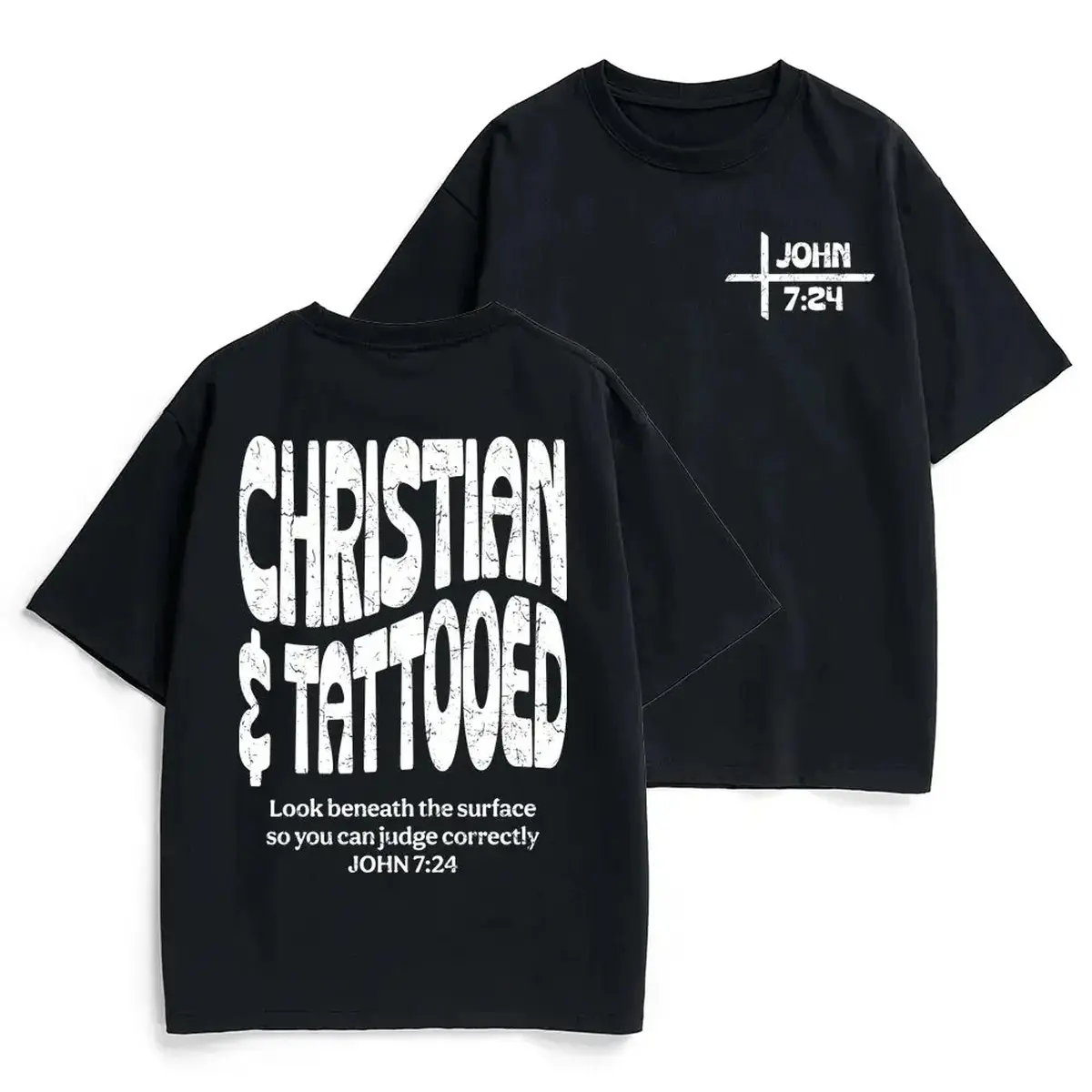 Unisex Christian Printed Crew Neck T-Shirt - John 7:24 Tattooed Bold Distressed Art, Comfortable Cotton Casual Everyday Apparel, Short-Sleeve Vintage Washed Oversized Sports Top, Holiday Gift
