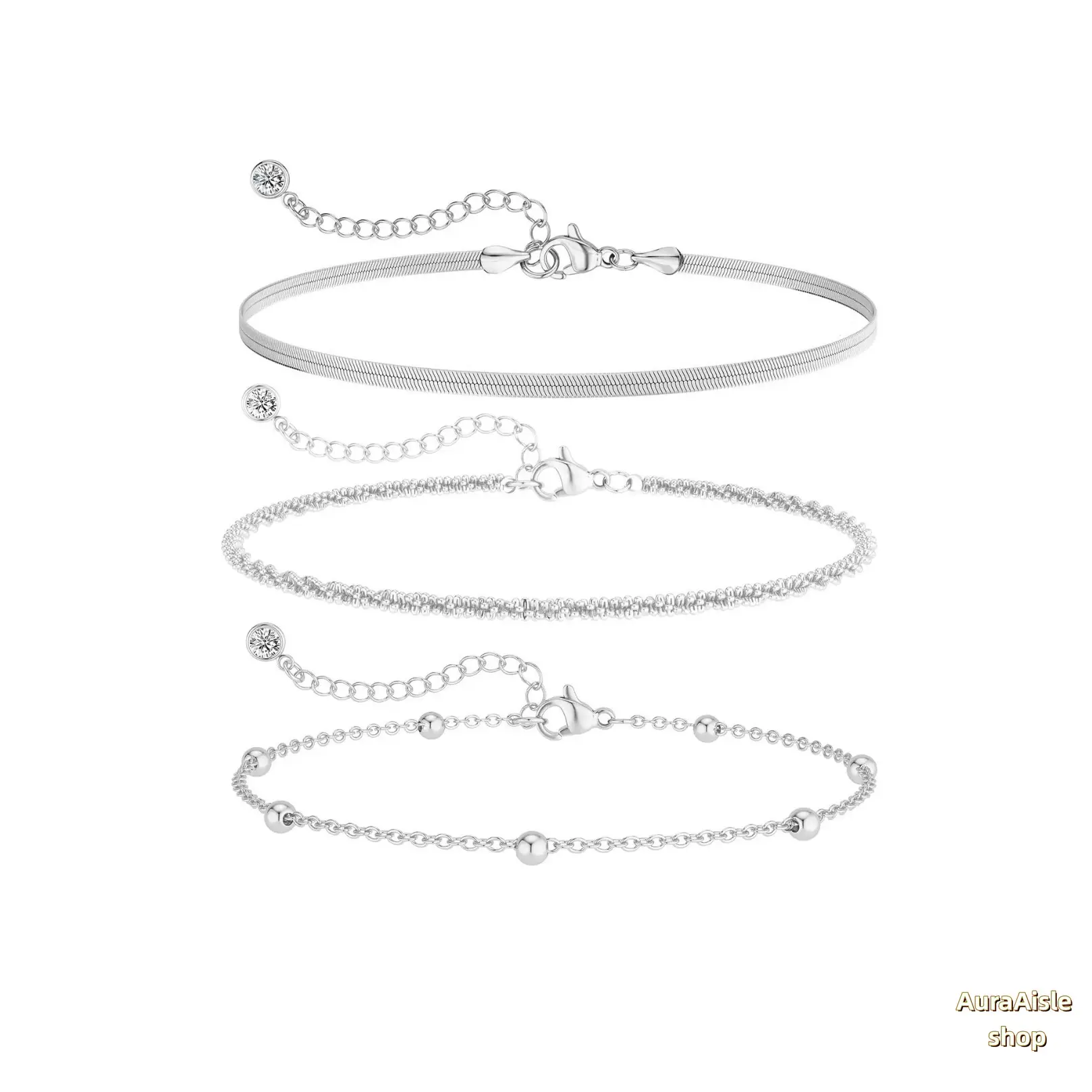 Dainty Layered Silver Ankle Bracelet Set, Adjustable Waterproof Stackable Anklets With Herringbone & Beaded Rope Chain, Sparkly Minimalist Foot Jewelry For Summer Beach Daily Wear & Holiday Gifting