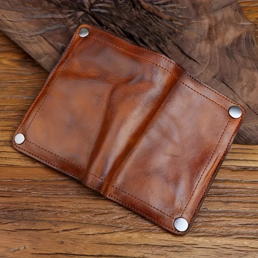Vintage Men's Vegetable Tanned Leather Wallet - Handmade Large Capacity Card Wallet Pouch with Multi-Card Slots & Zippered Coin Pocket