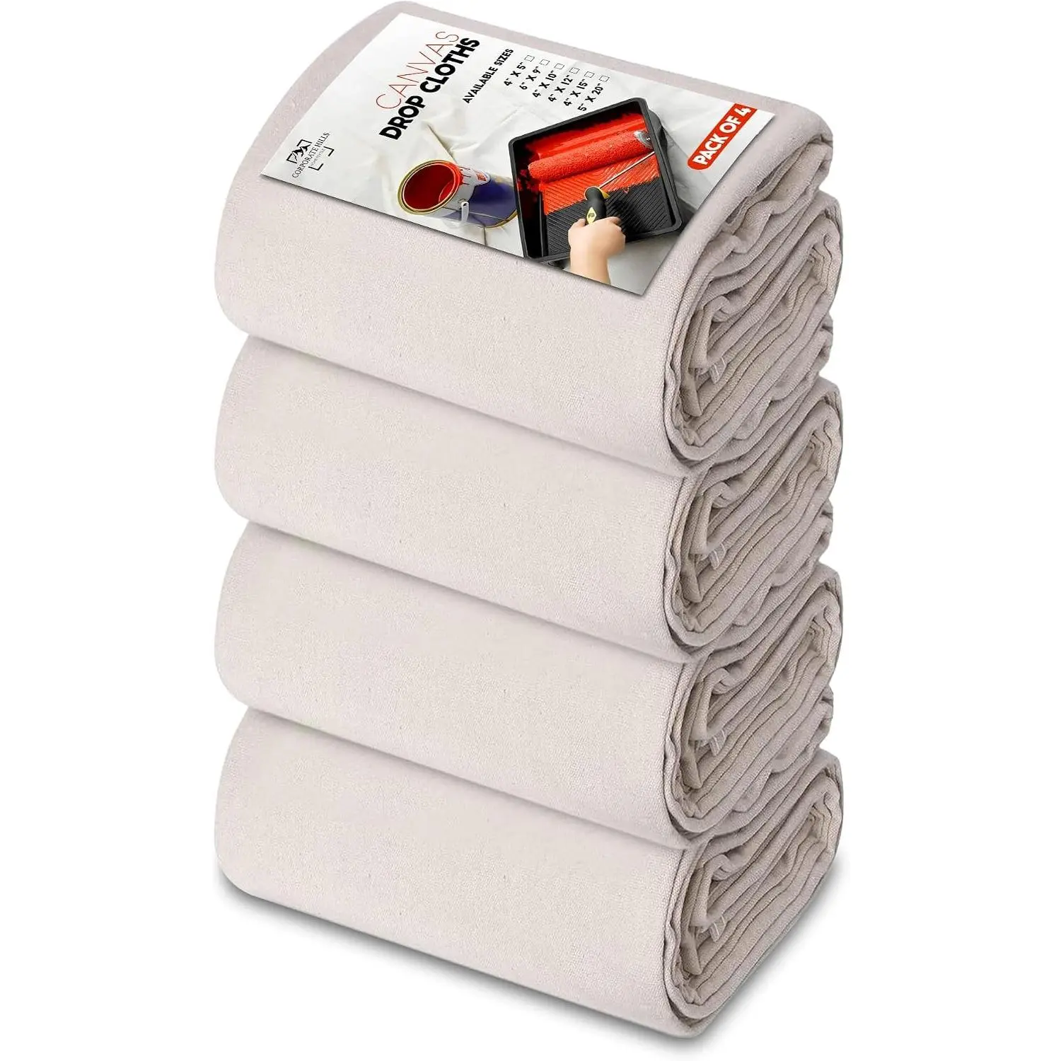 4'x12' Canvas Drop Cloth (Pack of 4) - Thick Double Stitch Edge Floor Covering for Painters, Home Furniture Protection