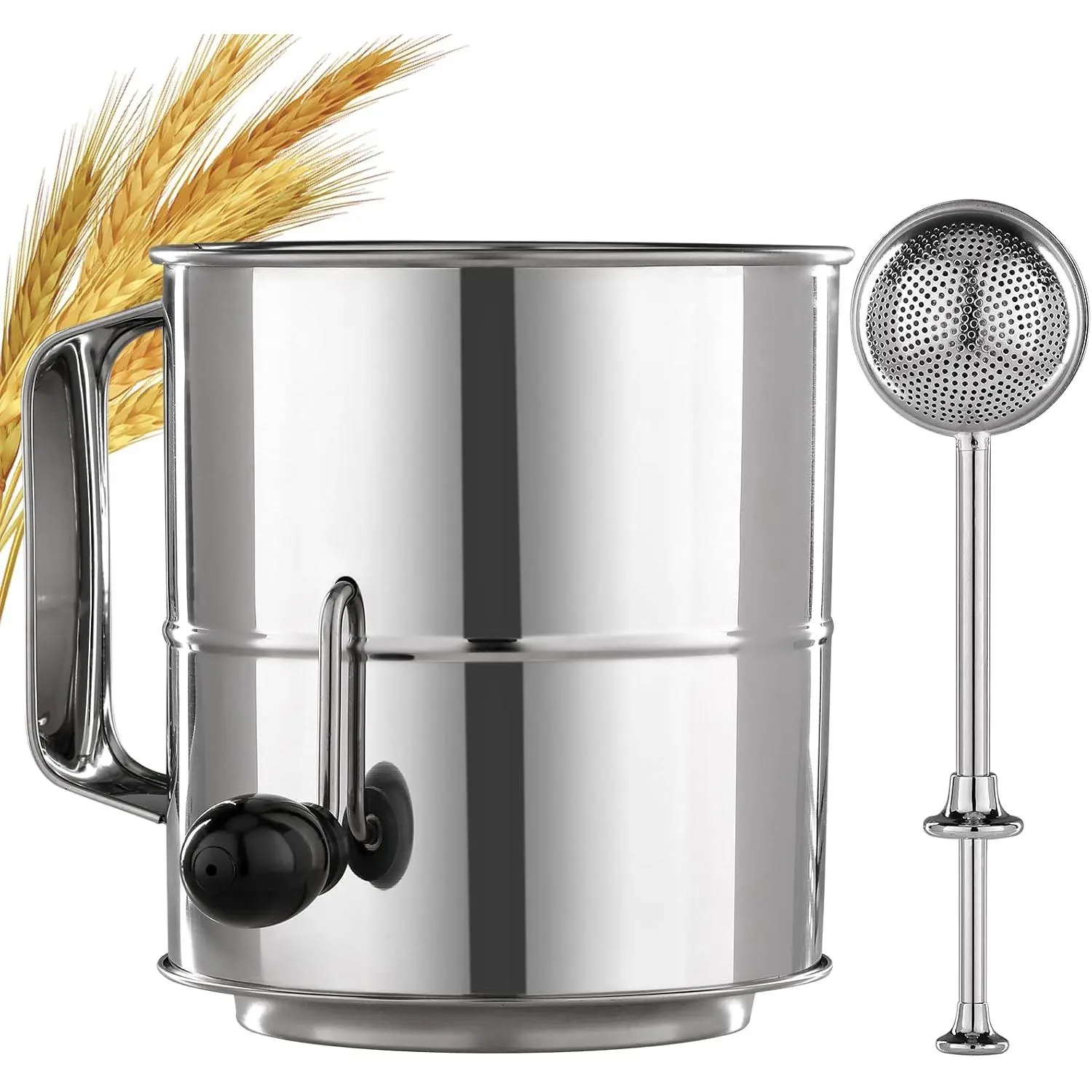 Flour Sifter - 5 Cup Fine Mesh Hand Crank Sifter Stainless Steel with Agitator Wire Loop for Baking, Powdered Sugar Duster Set