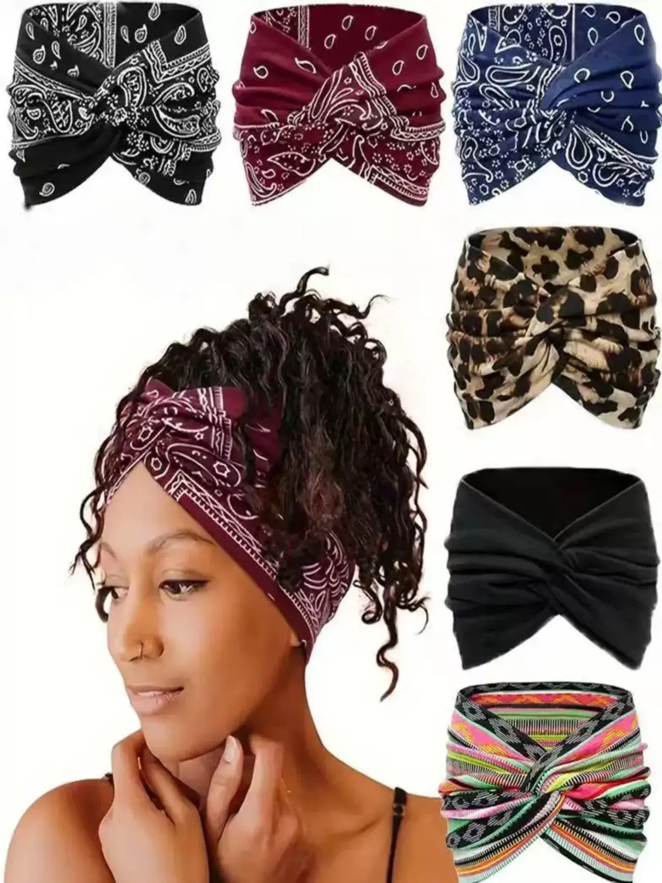 Twist Headband 6-Piece Set, Boho Paisley Leopard Pattern, Non-Slip Yoga Sweatband, Curly Hair Essentials, Casual All-Season Accessory