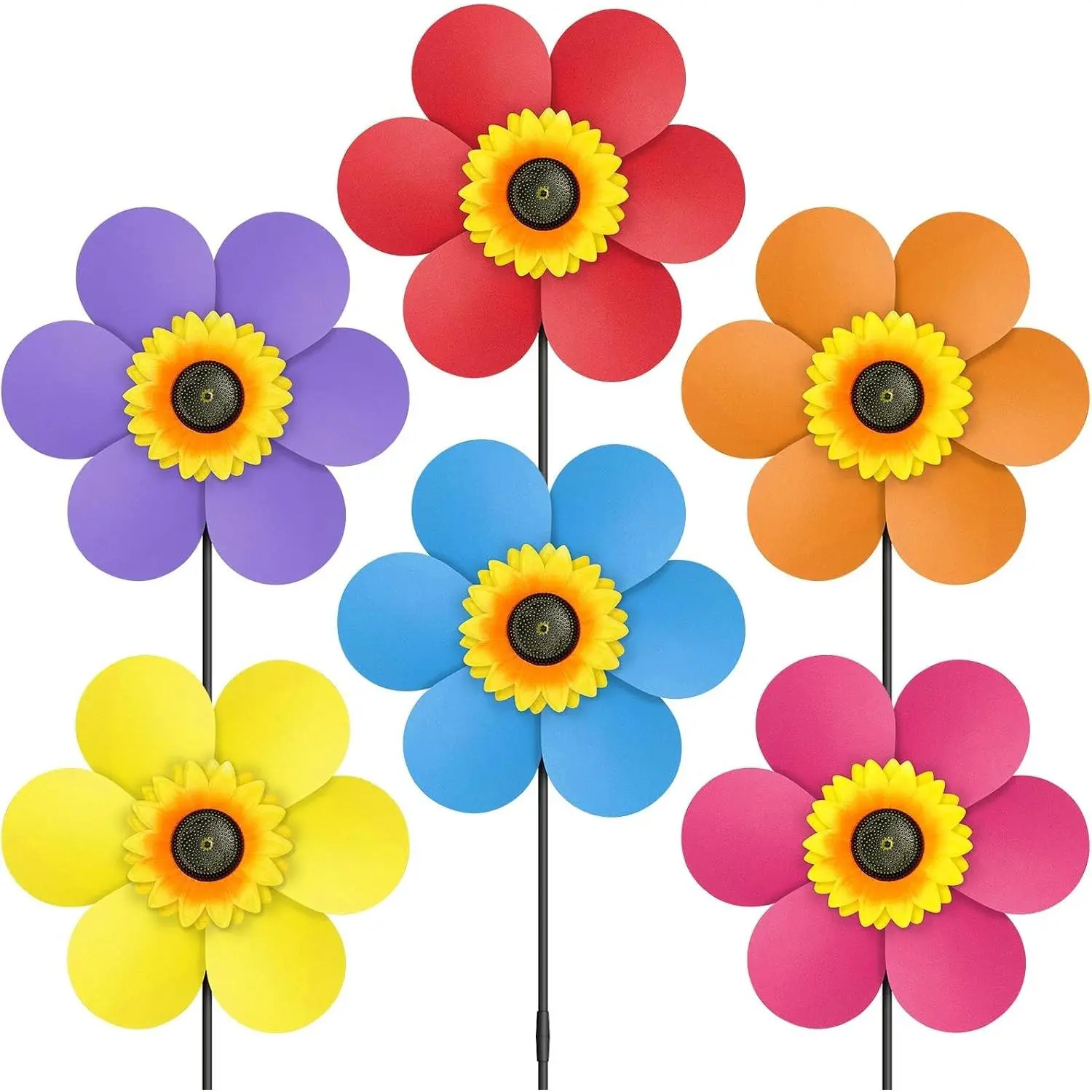 6PCS 14" W x 29" H Sunflower Wind Spinners with Stakes, Multicolor Rainbow Pinwheel Windmill for Outdoor Yard Lawn Garden Decoration