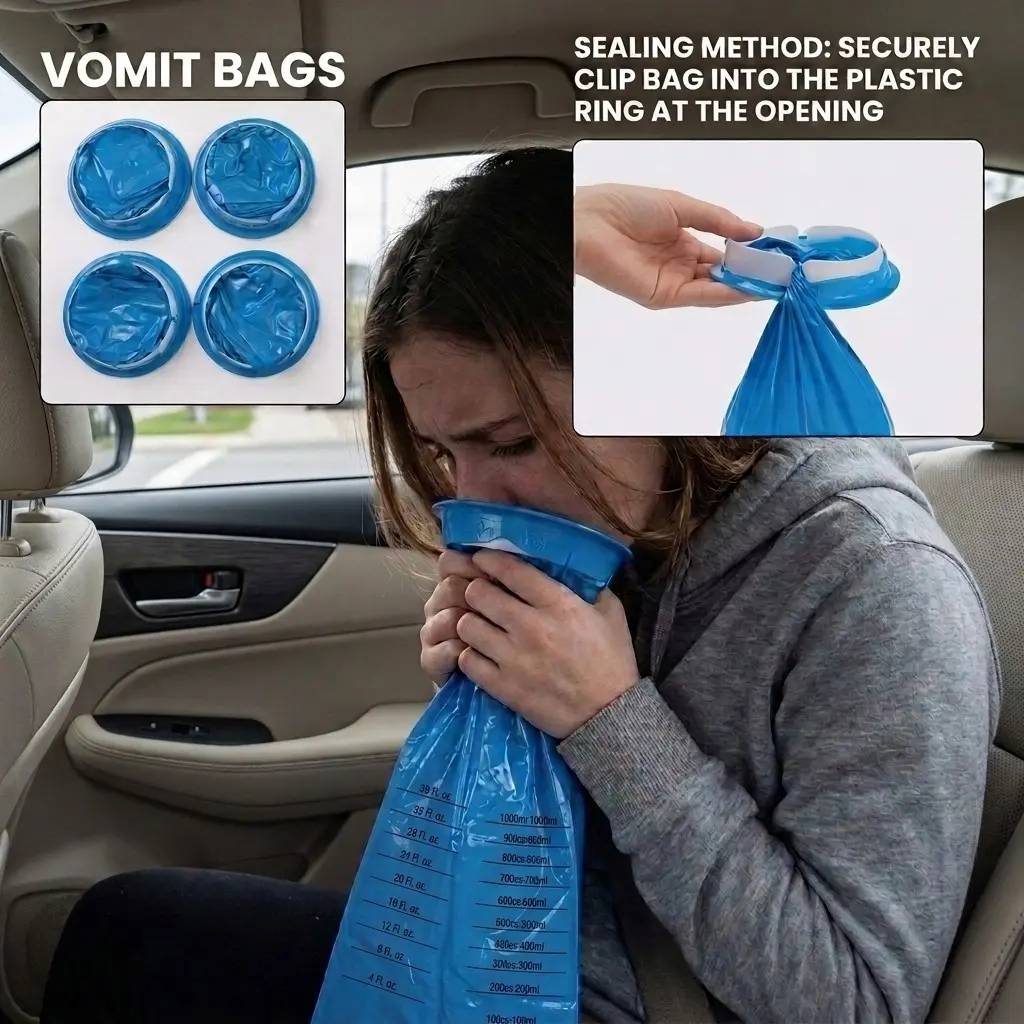 Disposable Vomit Bags with Sealing Ring, Car Motion Sickness Leak-Proof Bags, Morning Sickness Bags, Portable Large-Capacity Sealed Emergency Vomit Bags for Travel Airsickness, the Elderly and Children, Taxi & Car Vomit Garbage Bags