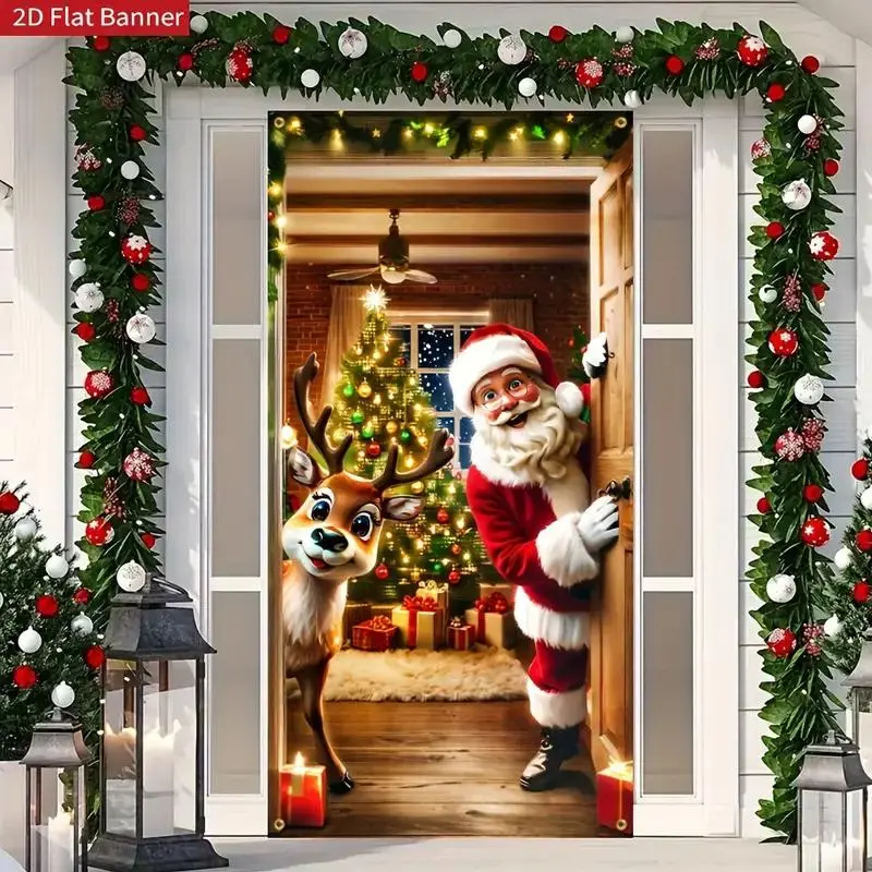 1 Counts 2D Door banners, festive Santa Claus and reindeer door banners - durable polyester Christmas decorations, perfect for home entrances, porches and gardens, festive carnival decorations, outdoor Christmas decorations, most suitable for Christmas