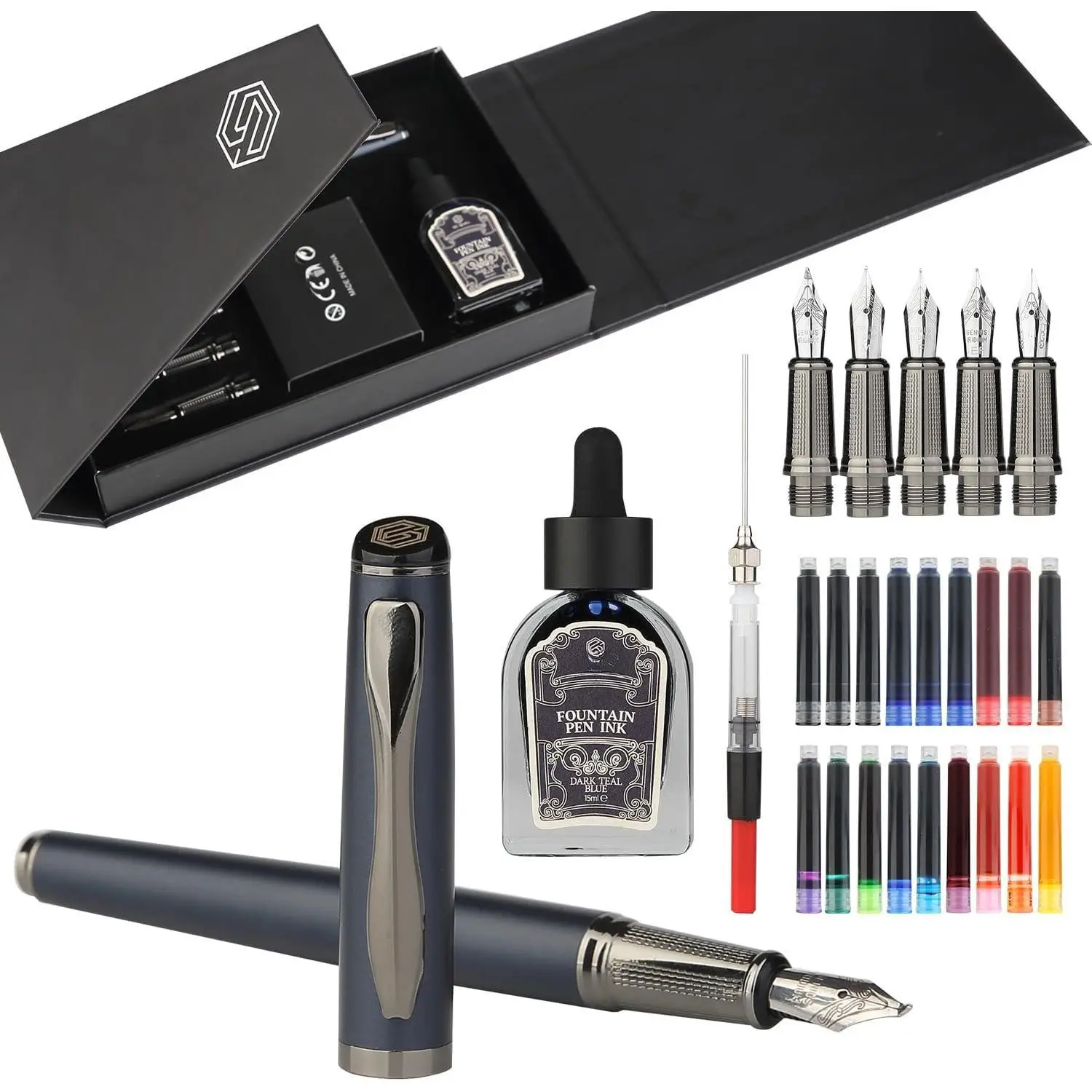 MU-25 Calligraphy Fountain Pen Set - Includes 5 Nibs, Ink Bottle, Refill Converter, 18 Ink Cartridges - Fancy Office Writing Pen for Men and Women
