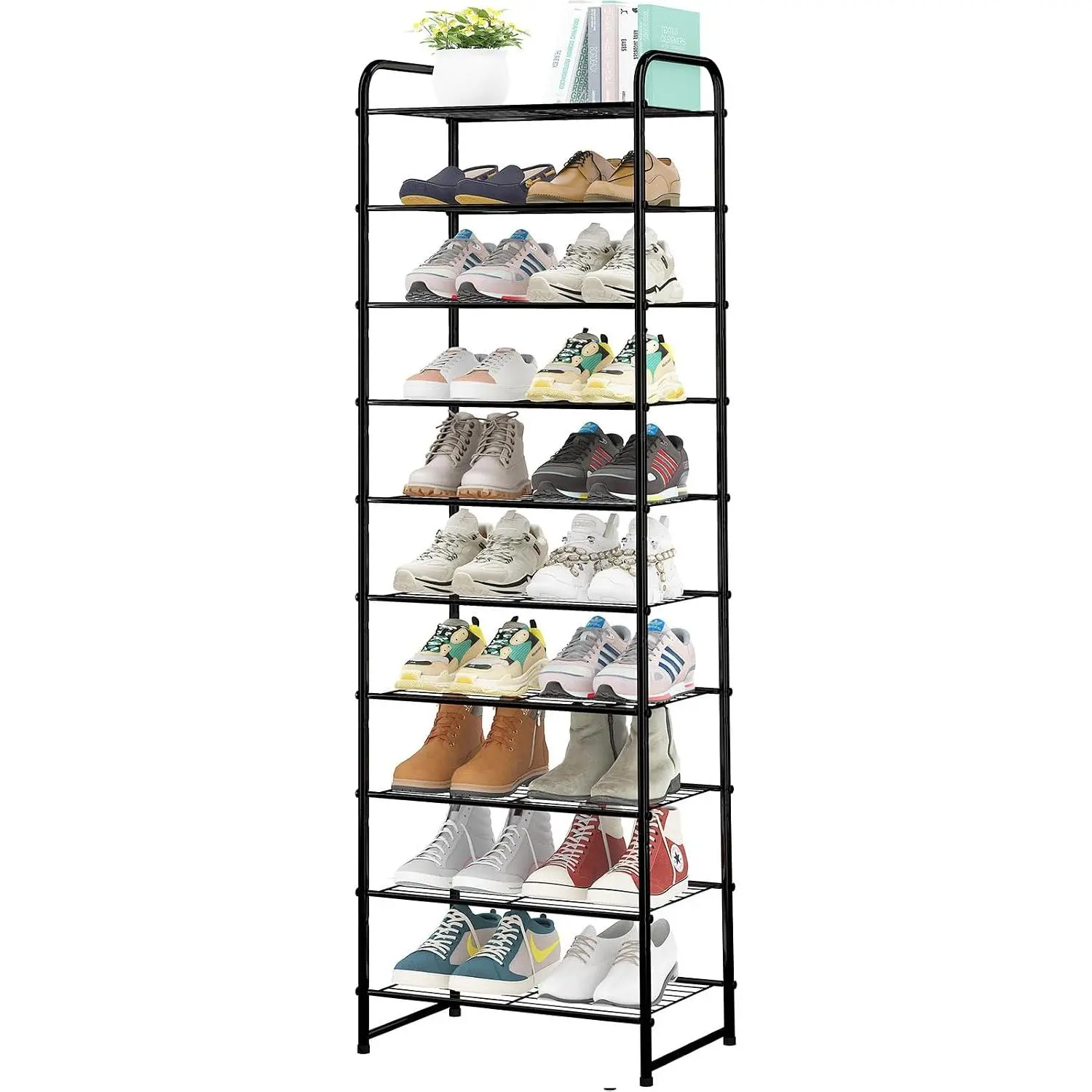 -10 Tiers Tall Shoe Rack Organizer for 20 Pairs Shoes, Expandable & Adjustable Shoe Storage Shelf, Wire Grid, Black