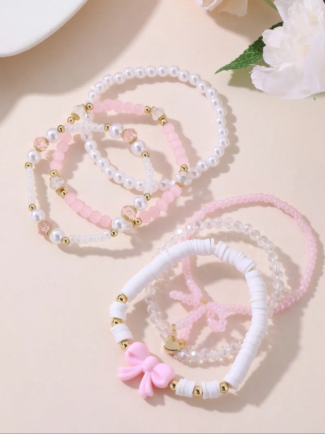 6pcs Fashion Creative Faux Pearl Beaded Bracelet Set, Bow, Heart, Strawberry, Butterfly Beads, Stylish Jewelry, Suitable For Daily Wear, Gatherings, Parties, Ceremonies, Great Gift For Women On Holidays, Anniversaries, Birthdays