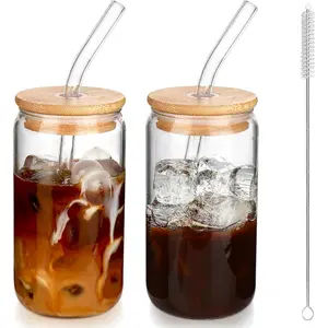 Iced Coffee Cups with Lids 2 pcs,16 oz Glass Cups with Lids and Straws as Coffee Bar Accessories,Beer Drinking Glasses,Reusable Glass Tumbler,Cute Coffee Cups for Coffee, Juice, Gifts