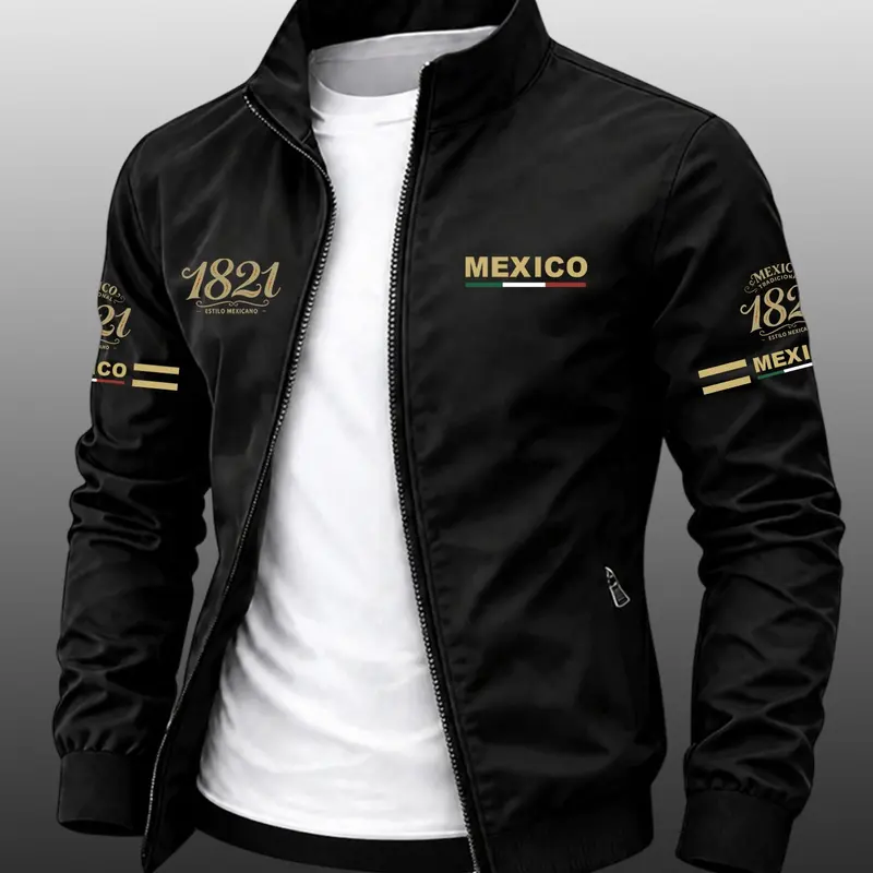 Men's Mexico Flag Print Sports Jacket, Casual Jackets, Durable Casual Zip-Up Outerwear, Slim-Fit Business Style Coat, Perfect Gift