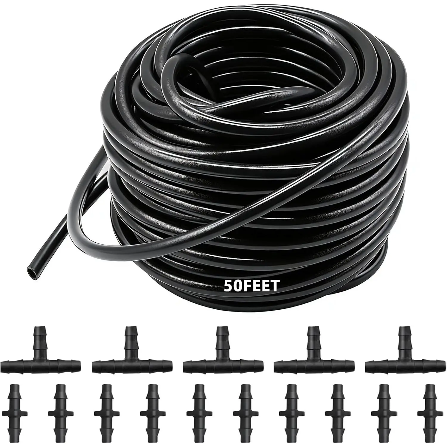 50FT 1/4" Blank Distribution Tubing Drip Irrigation Tubing Drip Irrigation Hose, Garden Watering Tube Line with 15 count Drip Irrigation Barbed Connectors for Garden Irrigation System