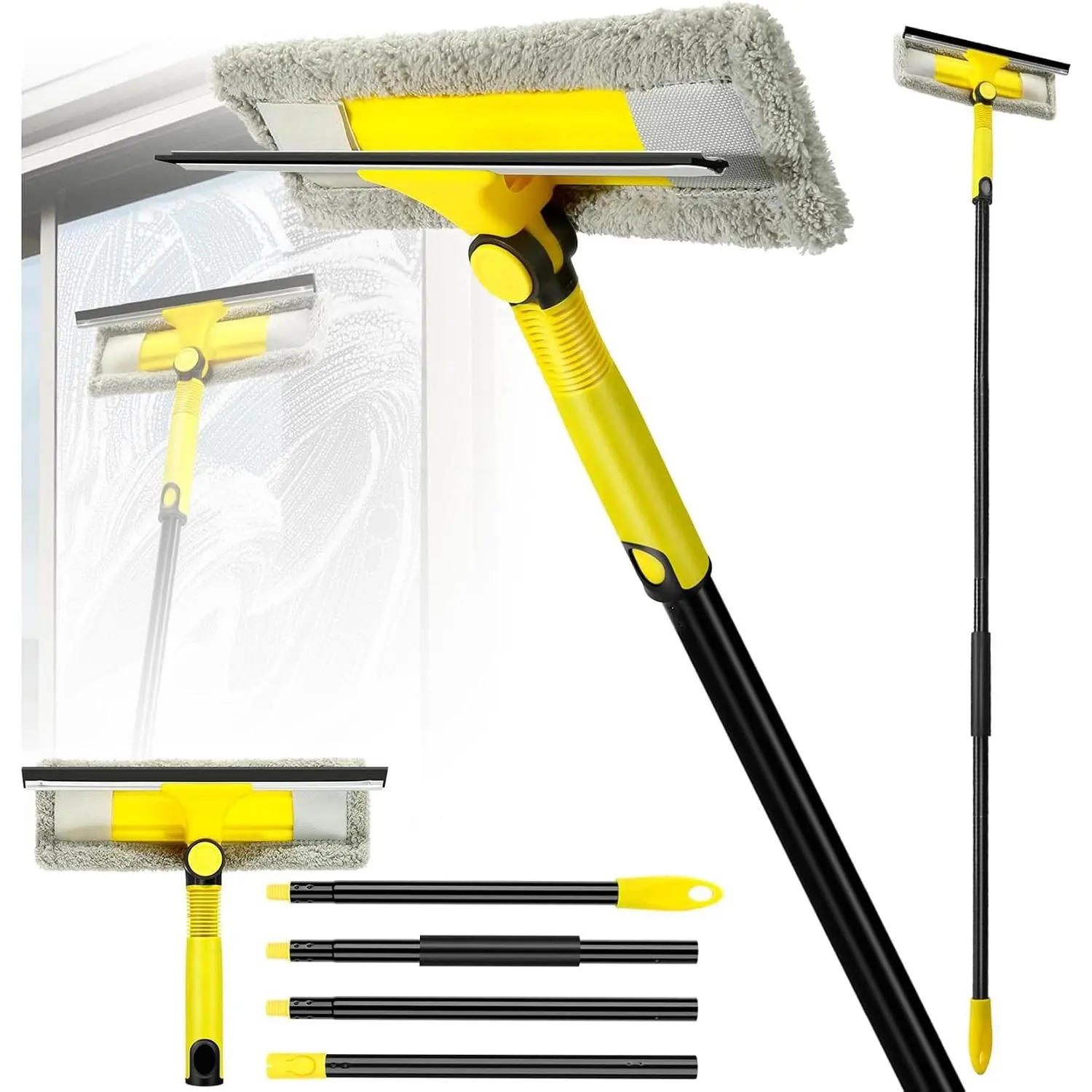 Window Squeegee with Extension Pole, Professional Window Cleaning Kit with Scrubber, 2 in 1 Rotatable Tool for Car, Glass, Shower, Indoor & Outdoor High Windows