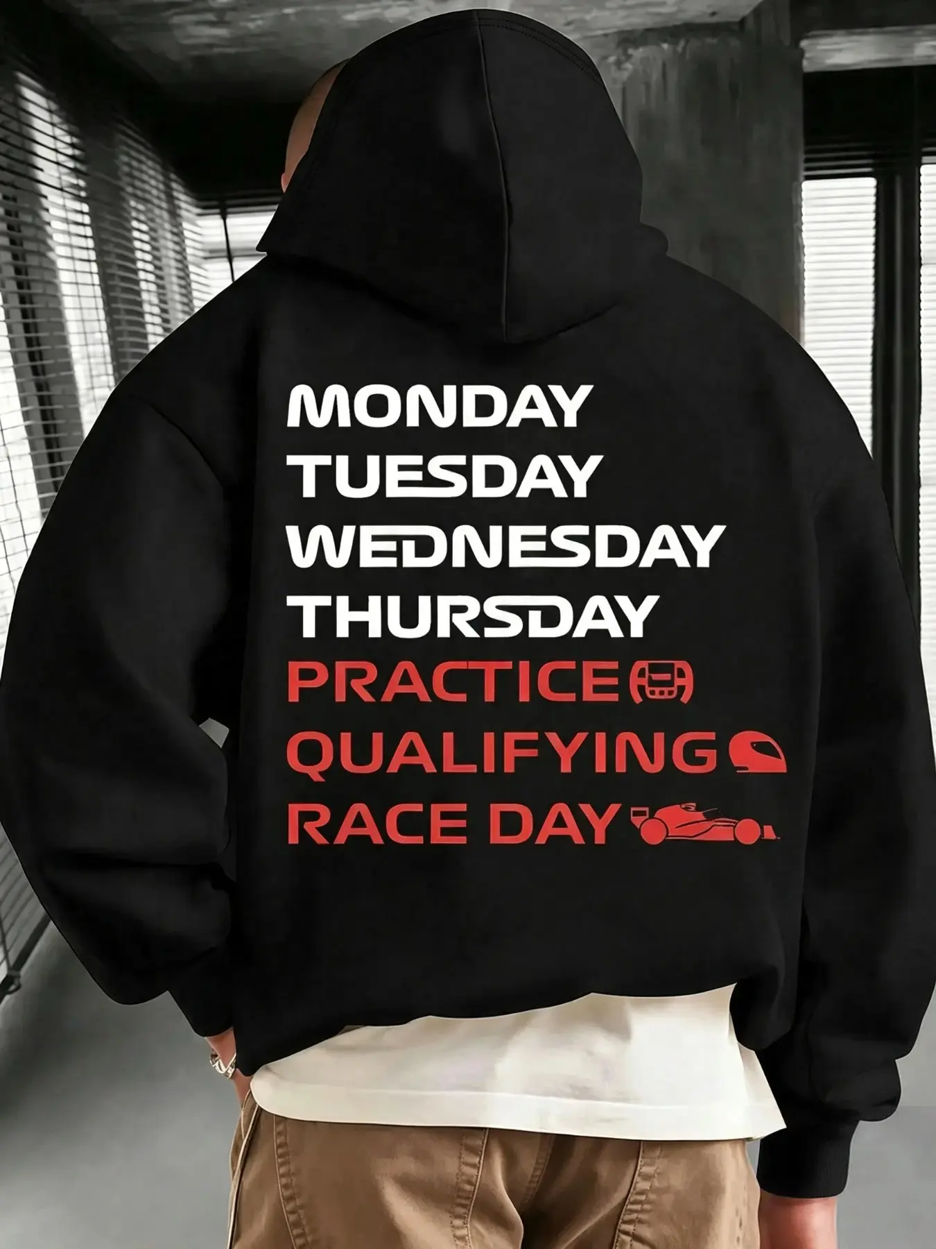 Men's F1 Race Week Schedule Back Letter Print Hoodie, Loose Fit Drop Shoulder Street Style, Fall & Winter Casual Pullover