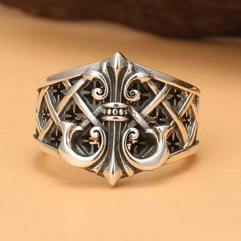 Male Vintage Punk Anchor Motif Mechanical Thai Silver Adjustable Flush Resizing Open Band Ring - Fitted for Engagement, All Seasons Fashion Costume Jewelry