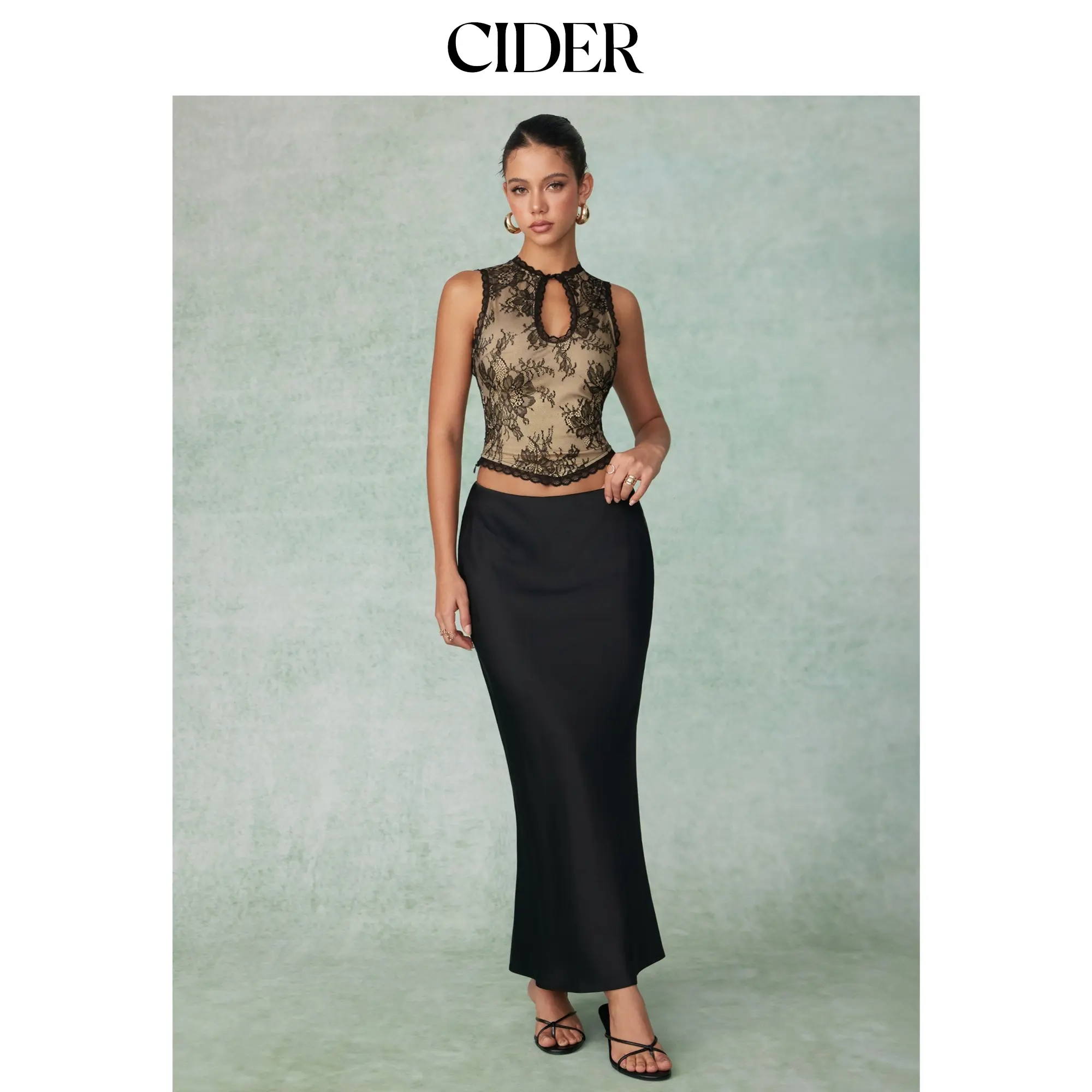 Cider Lace Cut Out Top & High Rise Mermaid Maxi Skirt Set