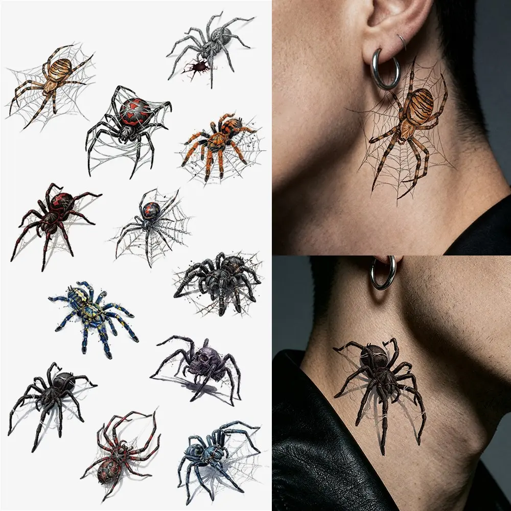 3D Spider Tattoo Stickers, Realistic Blue Spiders with Web, Waterproof Long-Lasting, Perfect for Music Festivals and Halloween