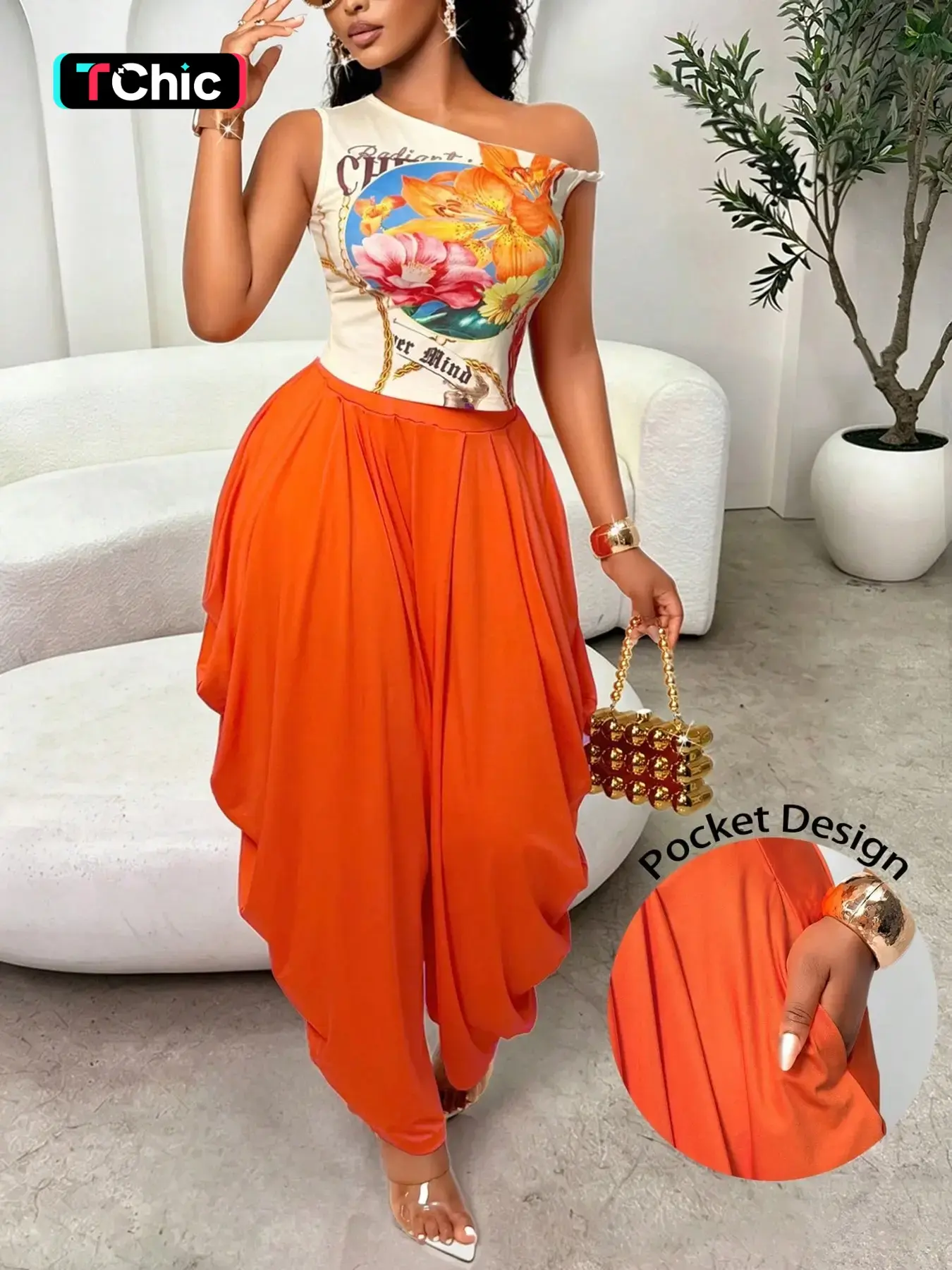 Women's 2 Piece Set Asymmetrical One Shoulder Statement Floral Print Crop Top & High Waisted Harem Pants Side Pocket Detail Draped Silhouette Trendy Bold Style Perfect for Party
