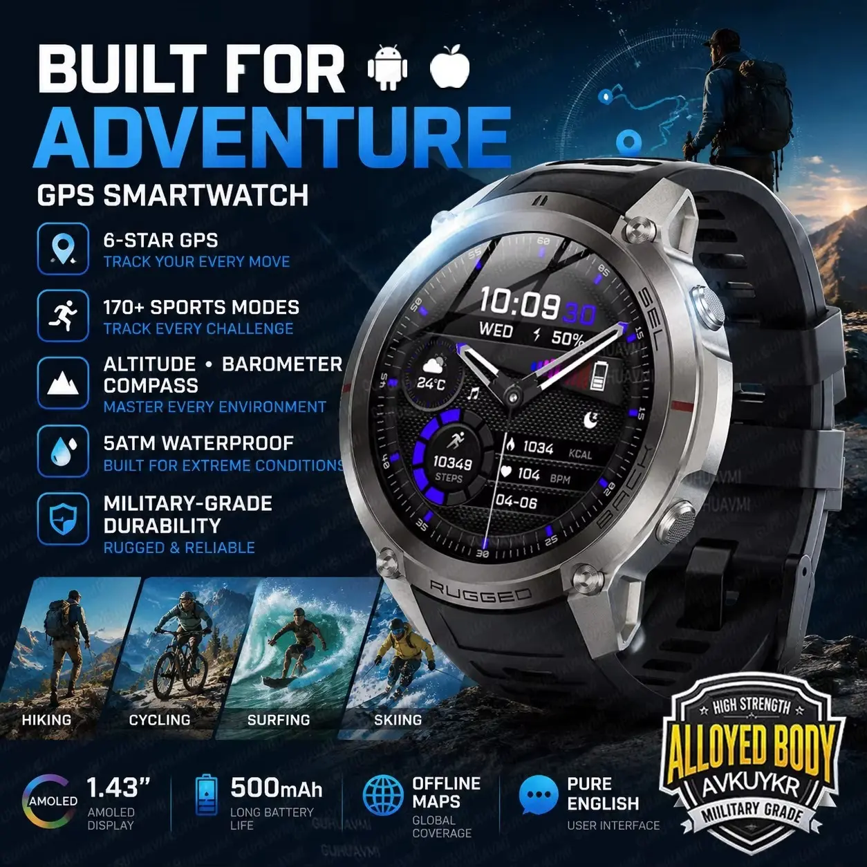GPS Outdoor Smart Watch Offline Map Download 5ATM Waterproof Blue Tooth Call Compass Heart Rate Health Sports AMOLED Screen Smartwatch