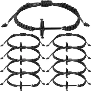 8 count Black  Bracelets Bulk Adjustable Christian Friendship Braid Rope  Bracelets  Charm Baptism Religious Inspirational Wrist  Gifts for Men Women