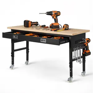 【DealsForYouDays】VEVOR 60-inch Adjustable Workbench, 1500 lbs Load Capacity, Garage Workbench with Drawer, Power Outlet, Wheels, and Pegboard, Heavy Duty Oak Wood Top Work Table for Garage, Workshop, Office, and Home