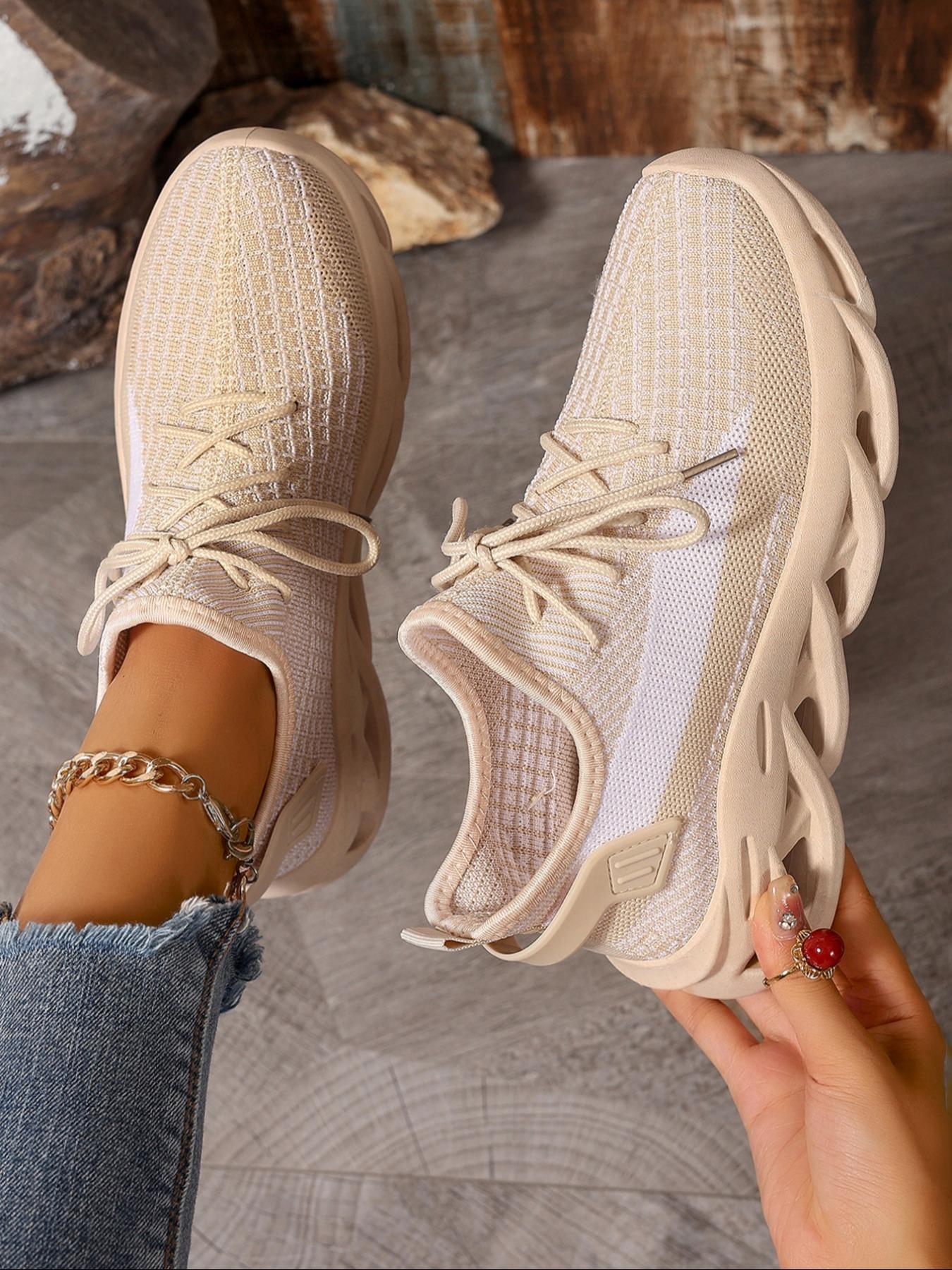 Women's Fashion Lace Up Low Top Blade Soles Sneakers, Casual Breathable Comfortable Sports Knitted Running Shoes, All-match Round Toe Chunky Sneakers for Daily Wear, Casual Running Footwear