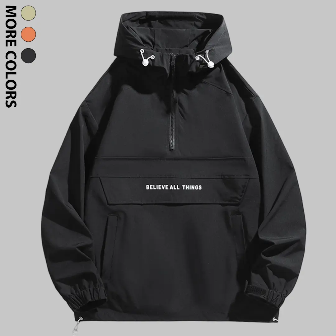 Men's Streetwear Pullover Windbreaker Hooded Jacket Half Zip Tactical Gorpcore Letter Print Flap Pocket Outdoor Coat cozy soft cool clean chic active sporty premium classic stylish durable trendy relaxed comfy modern vibe urban fresh hype Multi-Color