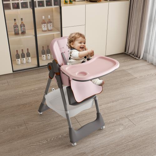 【Bellemave】Adjustable Baby High Chair 0-6 Years – Portable Infant Feeding Seat with Safety Belt, Silent Lockable Wheels & Easy-Clean Design for Home, Dining, Living Room, Bedroom (Pink)    RR