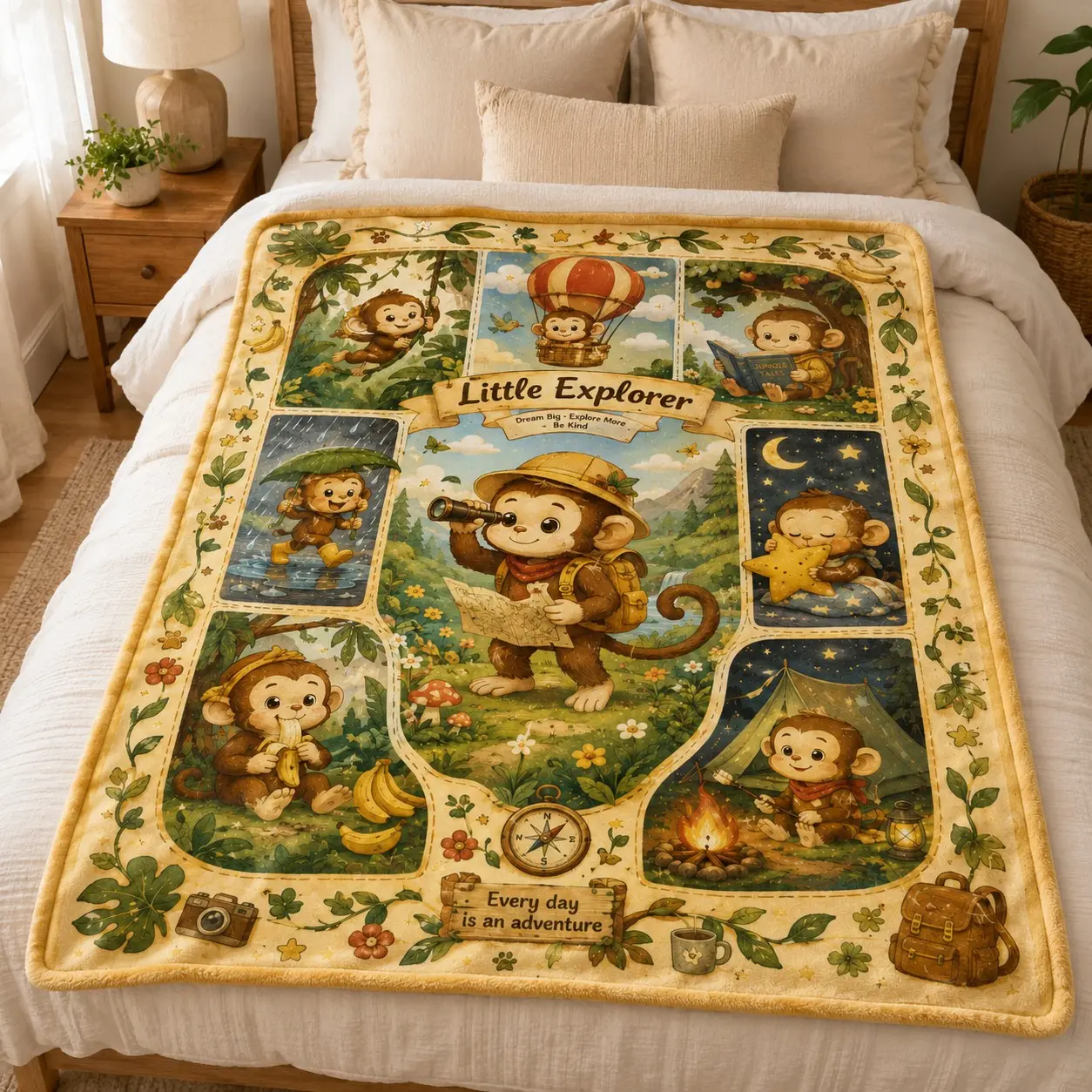 Vintage Storybook Style Flannel Blanket, Soft Warm Cover, Baby Nap Nursery Decor Gift, Monkey Adventure Hot Air Balloon Camping Scene