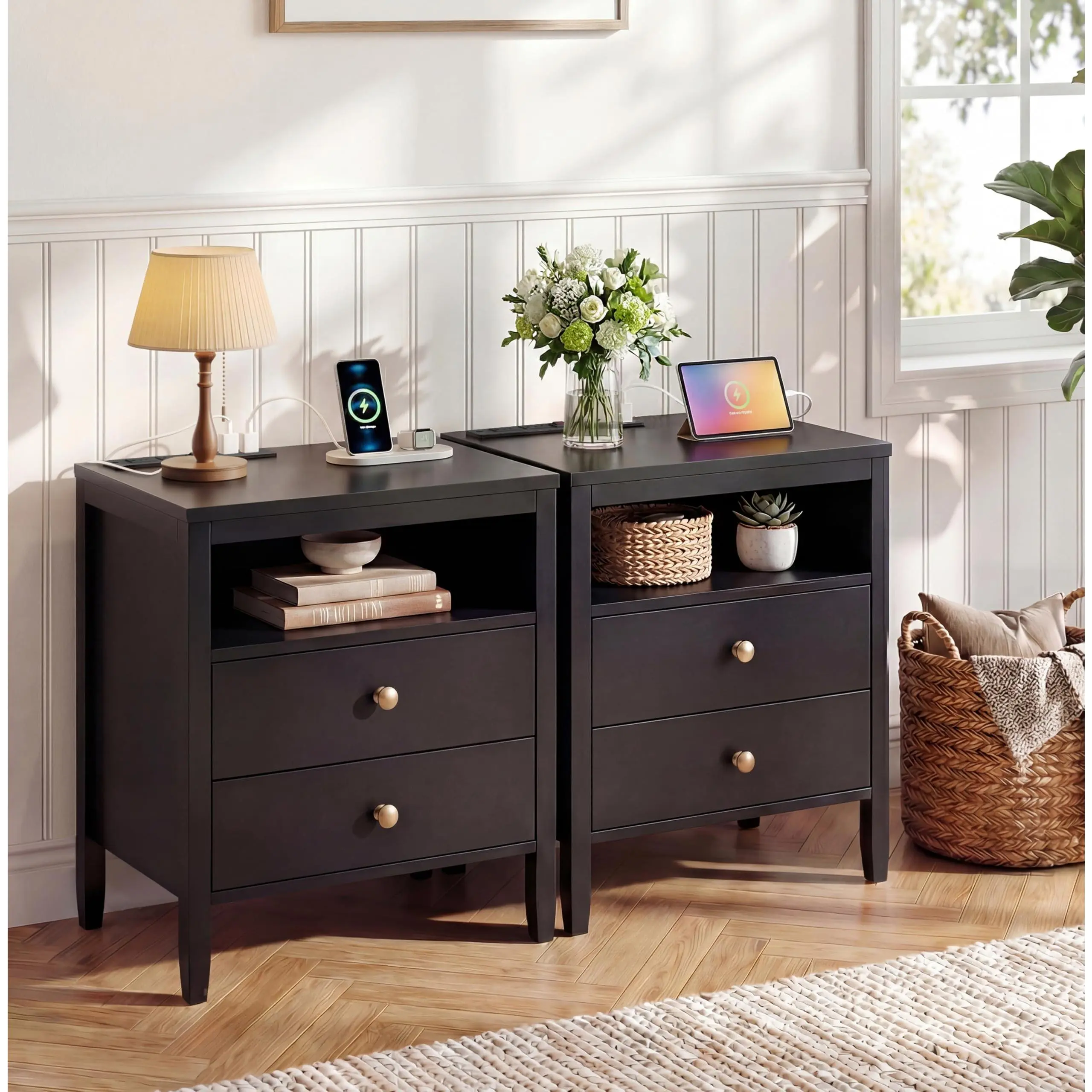 【IdealHouse】Farmhouse Black Nightstand with Charging Station, Mid Century Modern Wooden Bedside Table Featuring 2 Drawers and Open Shelf, Multifunctional Storage Furniture for Bedroom Office and Living Room