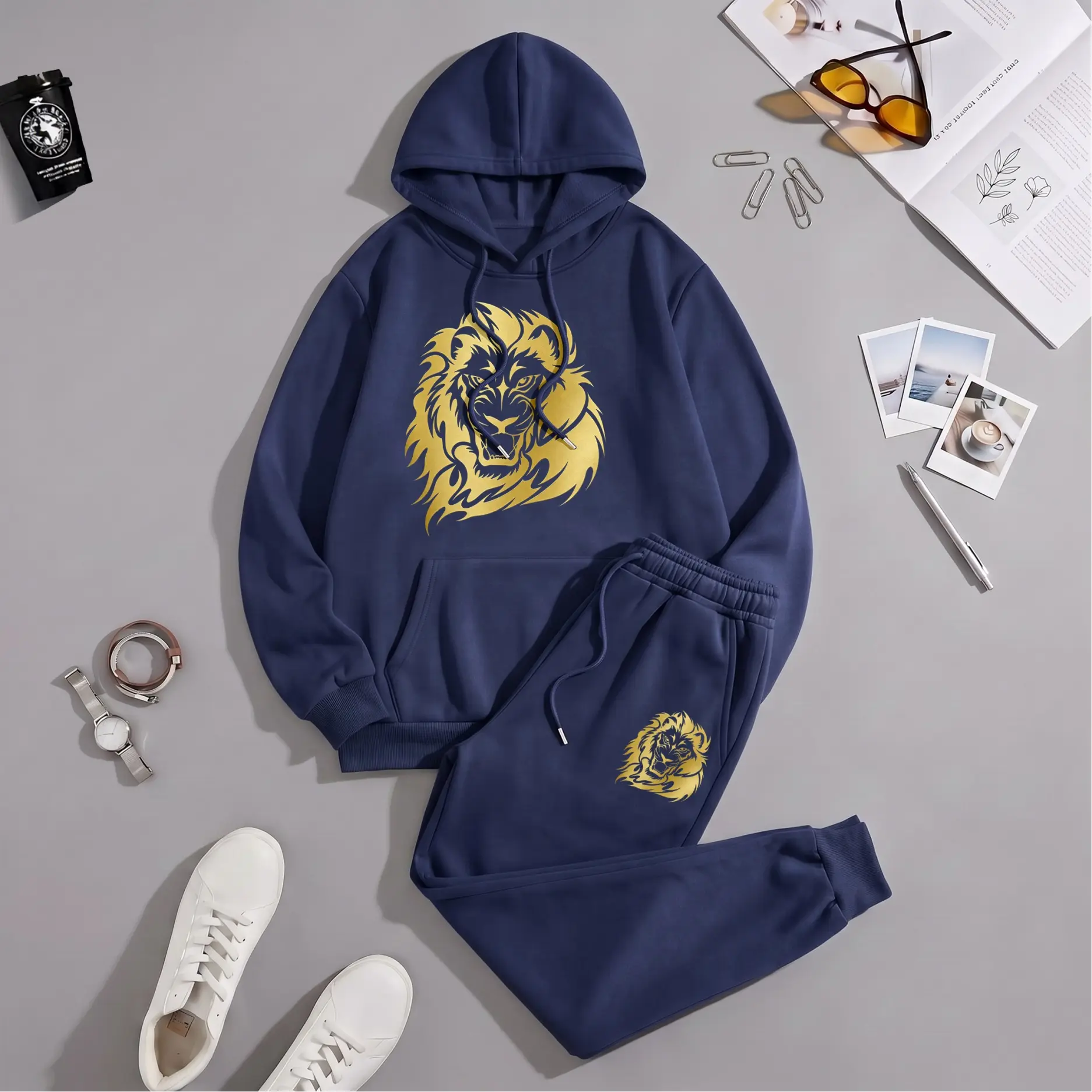 Men's Lion Graphic Hoodie and Sweatpants Set, Hip-Hop Long Sleeve Pullover & Drawstring Jogger Pants, Casual Athletic Tracksuit for Fall Winter, Daily Wear, Workout, Travel, Indoor Outdoor and Streetwear