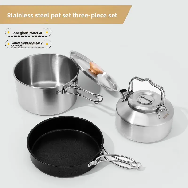 3-Piece Food-Grade 304 SS Camping Cookware Nesting Set - Pot, Non-Stick Pan, Kettle for Hiking, Picnics, Compact Storage, Portable Outdoor Kitchen, Easy Food Release, Camping Supplies, Outdoor Cooking, Food-Grade Ss