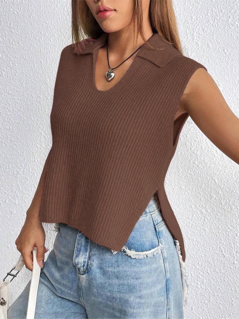 Women's Plain Split Hem Sweater Vest, Casual Fitted Solid Collar Sleeveless Knitwear Top for Summer, Fashion Ladies' Collared Knit Clothing for Everyday Wear, Minimalist Basic Womenswear, Sleeveless Vests