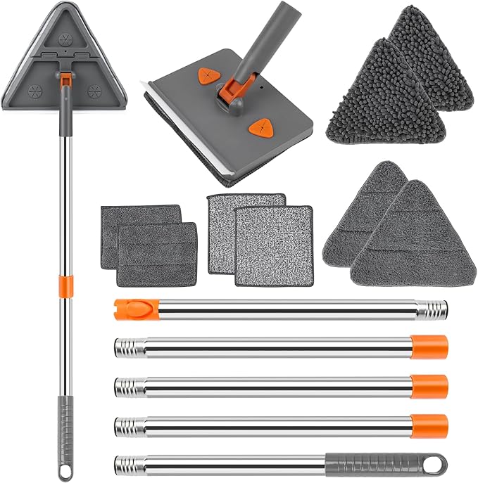 2 In 1 Baseboard Cleaner Mop Wall Cleaner Mop With Squeegee Extendable Long Handle 8 Reusable Fiber Flannel Chenille Mop Pads 360 °   Rotatable Convex Design-5161