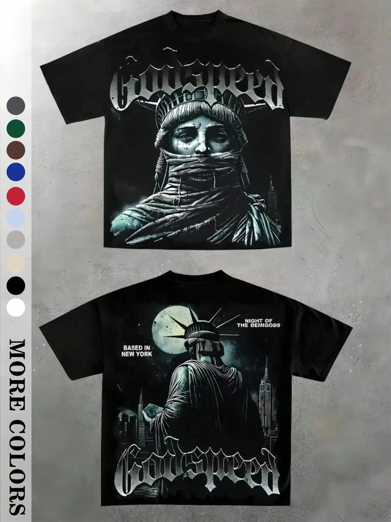Men's Vintage Masked Statue of Liberty Print T-Shirt, Godspeed Gothic Letter, Casual Fitted Long Sleeve, Plain Surface Graphic Design Aesthetic