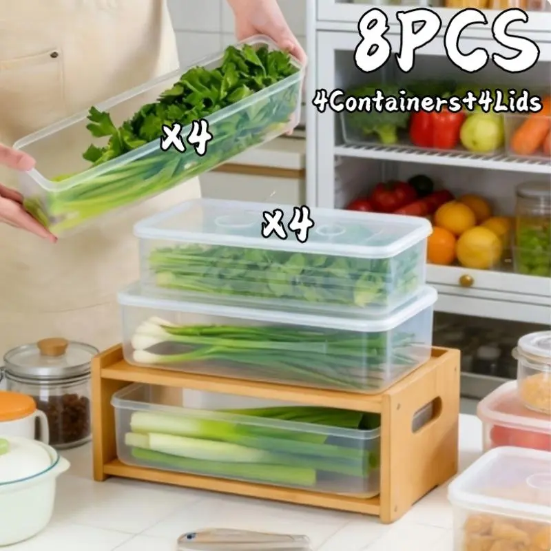 FAXHION 8pcs Transparent Stackable Plastic Airtight Cold Storage Boxes - Poly Plastic Tray with Lid, Compact Fit Containers for Fridge Freezer Organization, Vegetables Fruits Herbs Noodles Preservation, Plastic Airtight Storage Boxes