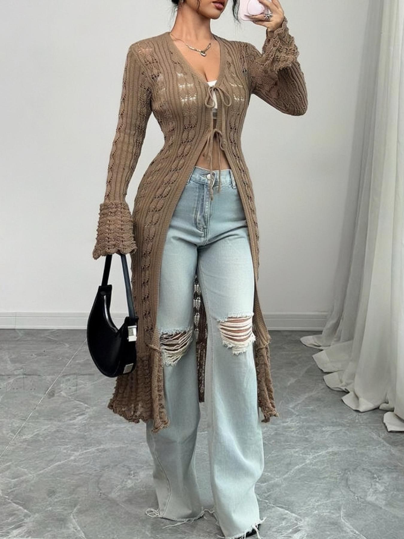 Women's Solid Color Long Sleeve Knitting Cardigan, Elegant Fashion Casual Fitted Tie Front Cardigan, Women Knitwear for Daily Outdoor Wear