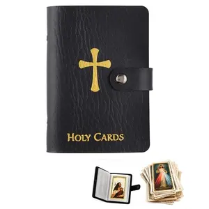 Catholic Leather-Style Prayer Card Organizer, Button Closure Pocket Design, Holds 40 Cards Per Compartment, Ideal for Funeral Religious Attire Storage