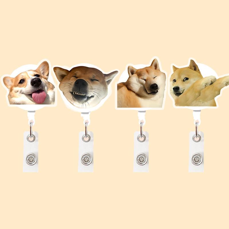 4-piece acrylic dog emoji retractable work ID badge holder set, suitable for nurses and medical staff, retractable rotating badge reel, doctor and nurse keychain ID pull reel