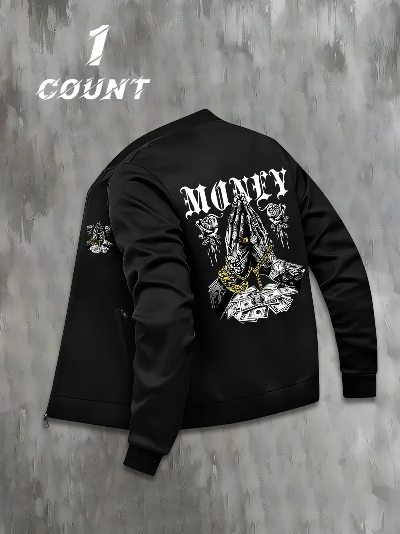 Men's Navy Money Prayer Hand Us Dollar Rose Print Baseball Collar Jacket, American Hip Hop Retro Loose Fit Windproof Street Workwear Outerwear