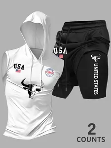 Men's Bestselling Flag Bull Letter Print Sleeveless Drawstring Hoodie Vest + Dual Layer Fake Two-Piece Shorts Set, Slim Fit Patriotic Fitness#PatrioticWorkoutSet #BullGraphicOutfit #GymTrainingWear #TikTokFashion #TrendingMens #AmericanFitnessStyle #OOTDM