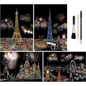 Rainbow Scratch Art Painting Paper (A4) for Kids & Adult, Night View Scratchboard, Engraving Art Set: 4 Sheets Scratch Cards & Drawing Pen, Clean Brush (Eiffel Tower / Big Ben / Burj Khalifa / Moscow)