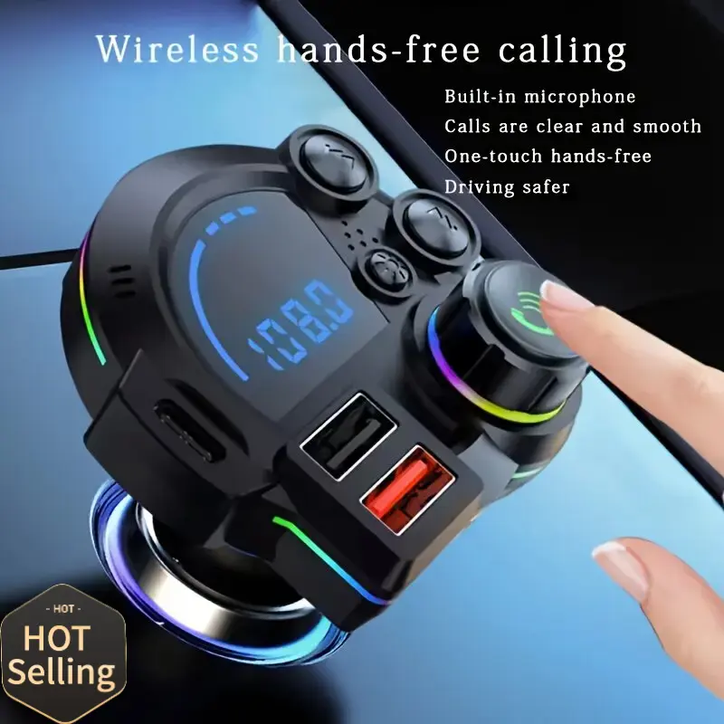 PD 30W Type-C Car Charger & Bluetooth 5.3 FM Transmitter, Wireless MP3 Player with Dual USB Ports, Bass Sound Enhancer, RGB Glowing Radio Adapter, Hands-Free Calls, Car Accessories & Road Trip Essentials, Compatible with 12V-24V,Suitable for cars