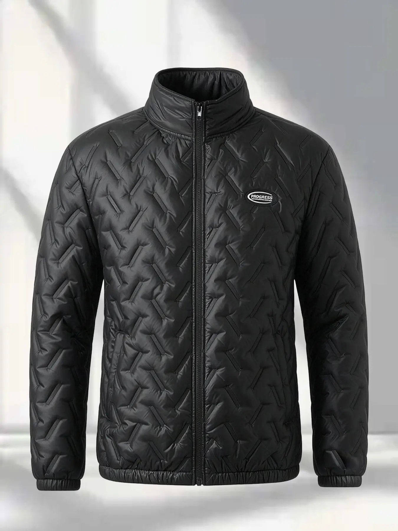 Men’s Lightweight Quilted Puffer Jacket, Stand Collar Full Zip Windproof Outerwear, Minimal Logo Embroidered Casual Coat, Diamond Stitch Thermal Insulated Padding, Wrinkle Resistant Smooth Waterproof Fabric, Elastic Cuffs And Hem To Lock Warmth, Slim Rela