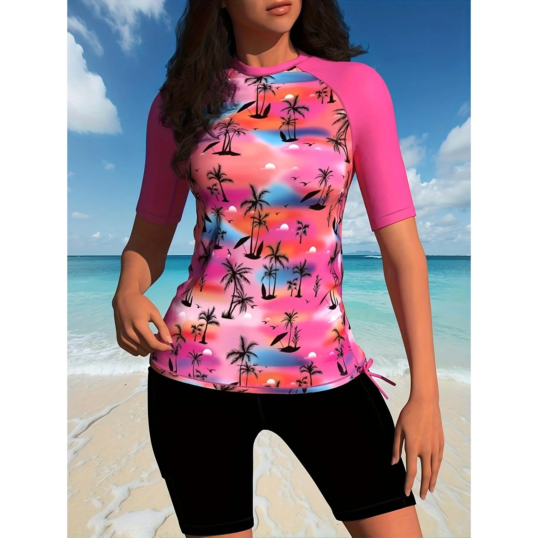 Women's 2026 2-Piece Tankini Rash Guard Swimsuit, Printed Patchwork Raglan Half-Sleeves, Shorts, Easy High-End Slim Fit