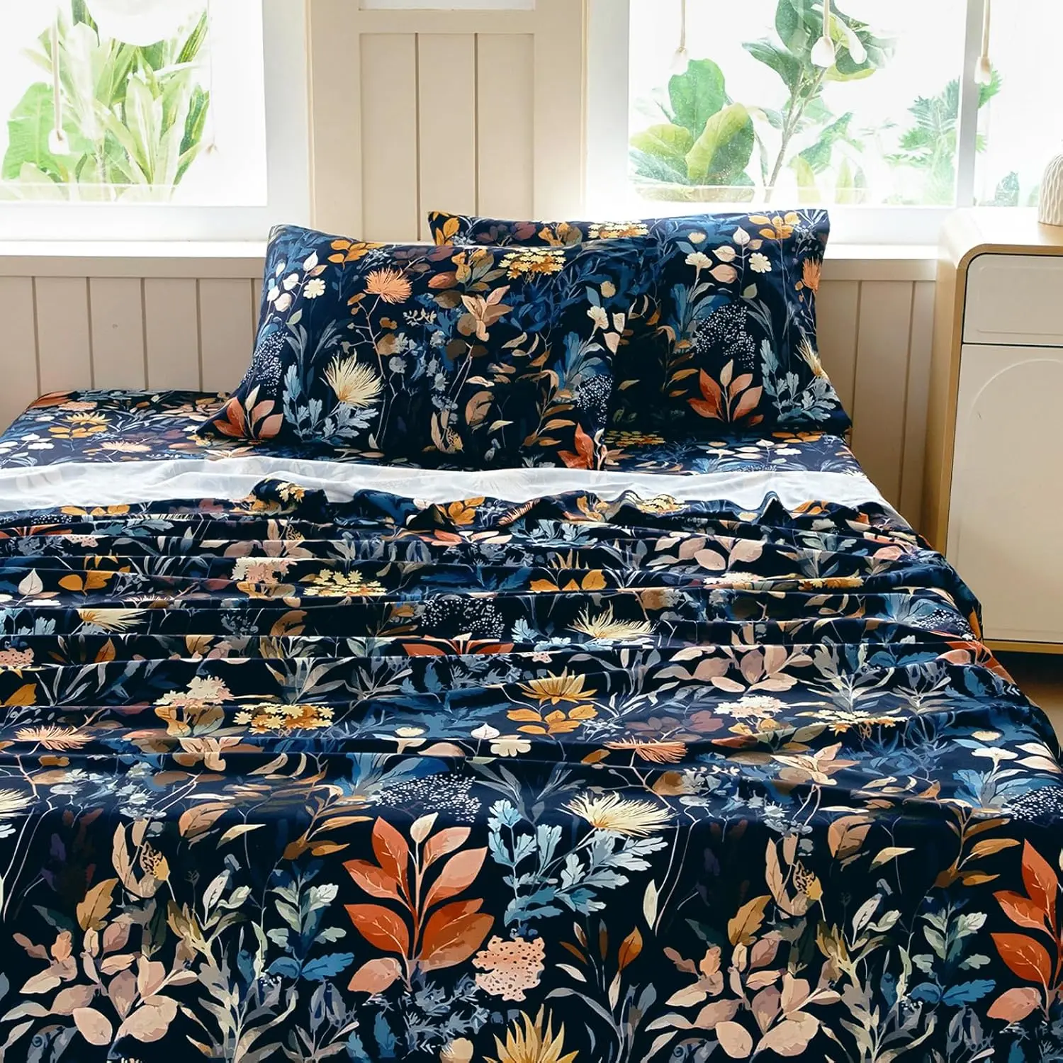 Boho Floral Queen Sheet Set, 4-Piece Printed Botanical Bed Sheets, 16" Deep, Soft & Cooling Sheet, Oeko-TEX Certified, Midnight Blooms